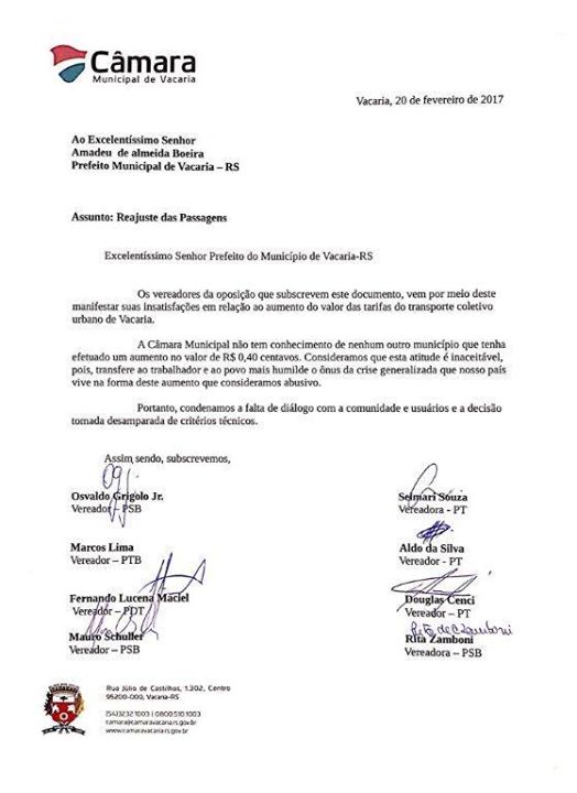 Ofício encaminhado ao Prefeito Municipal: os vereadores de oposição da  Câmara Municipal de Vacaria, | Câmara Municipal de Vacaria/RS
